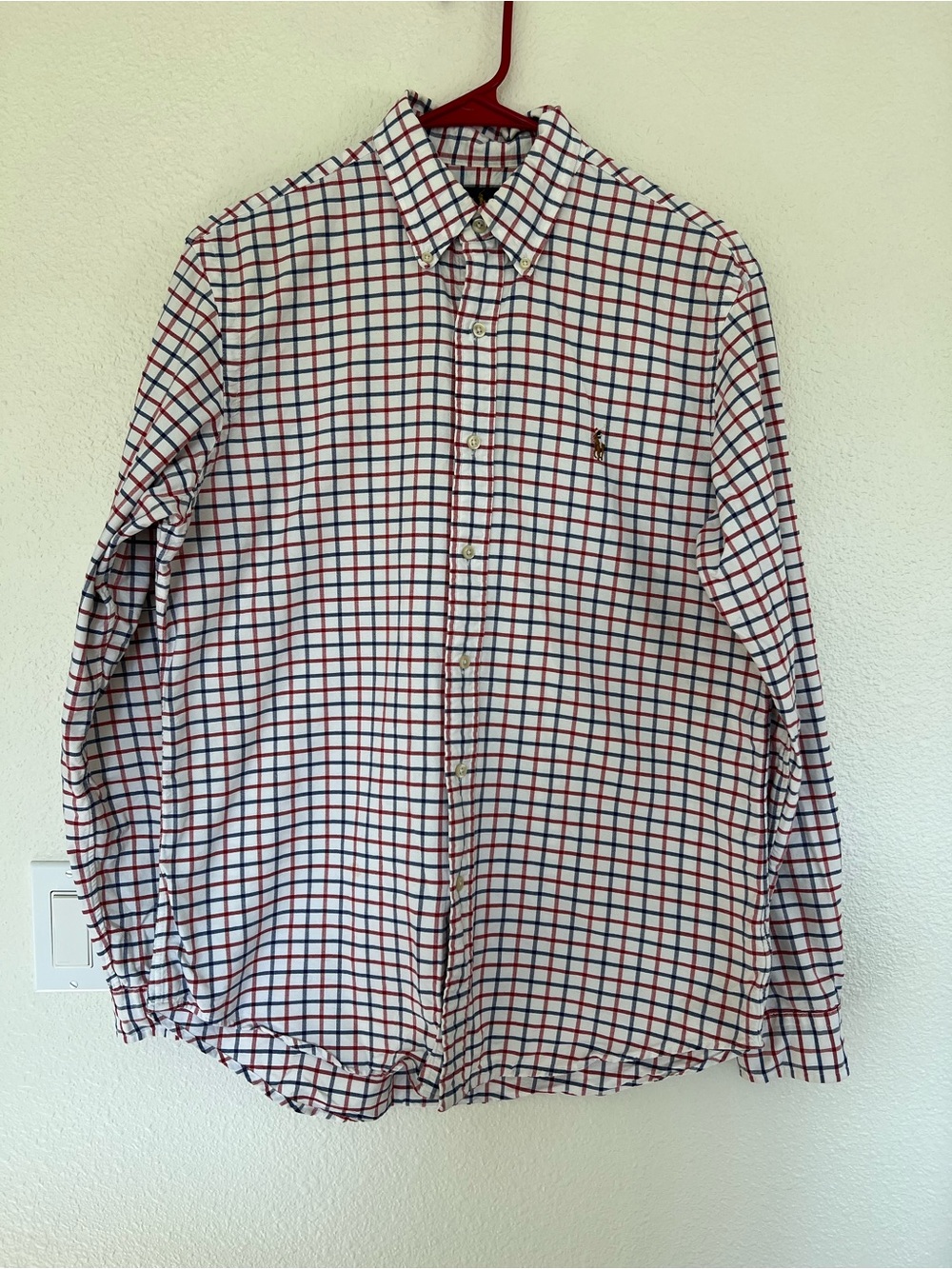 Polo Men's White Check Button-Down Shirt with Red and Blue Grid